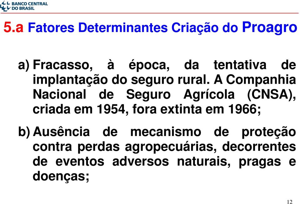 A Companhia Nacional de Seguro Agrícola (CNSA), criada em 1954, fora extinta em