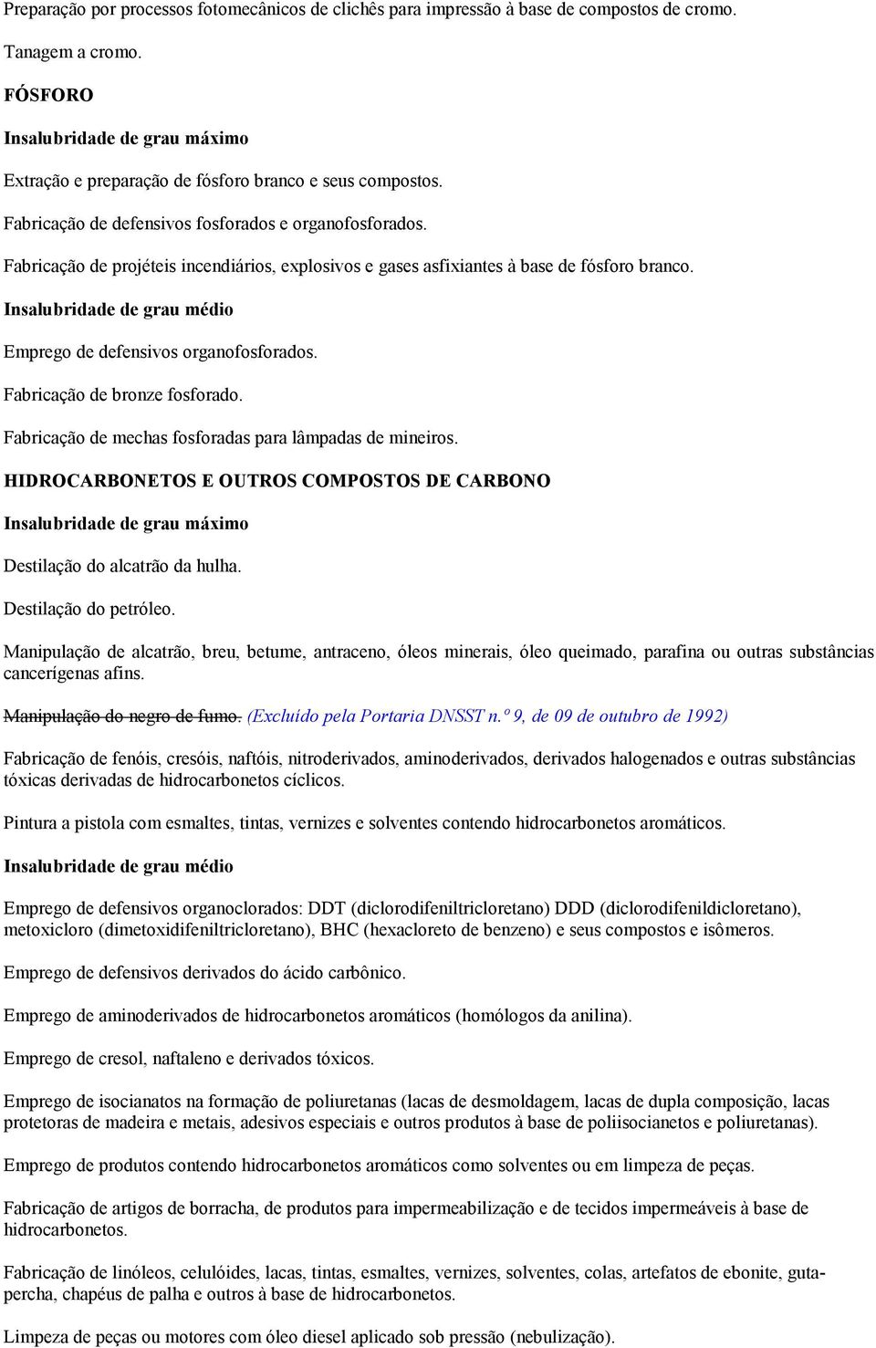 Fabricação de bronze fosforado. Fabricação de mechas fosforadas para lâmpadas de mineiros. HIDROCARBONETOS E OUTROS COMPOSTOS DE CARBONO Destilação do alcatrão da hulha. Destilação do petróleo.