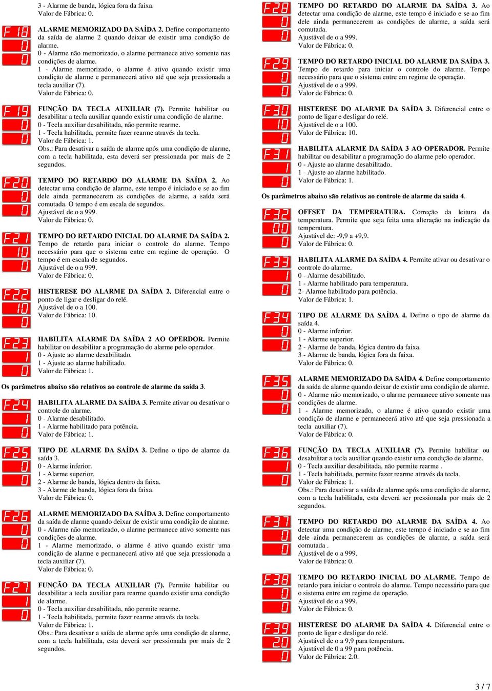 iniciar o controle do alarme Tempo necessário para que o sistema entre em regime de operação O tempo é em escala de µ À # 5 ¾ ponto de ligar e desligar do relé Ajustável de o a 100 Valor de Fábrica: