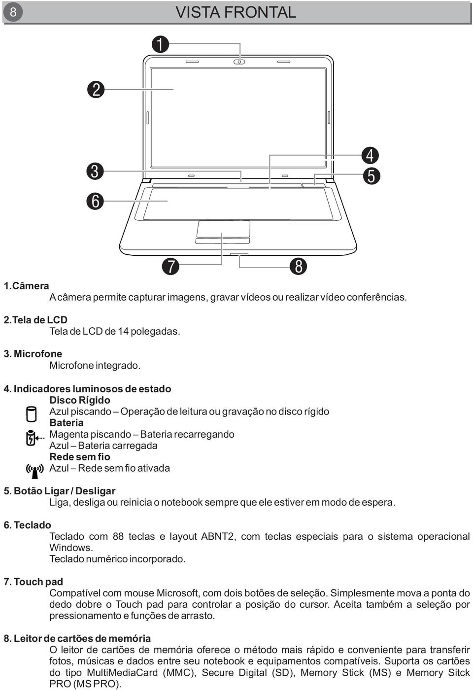 sem fio ativada 5. Botão Ligar / Desligar Liga, desliga ou reinicia o notebook sempre que ele estiver em modo de espera. 6.