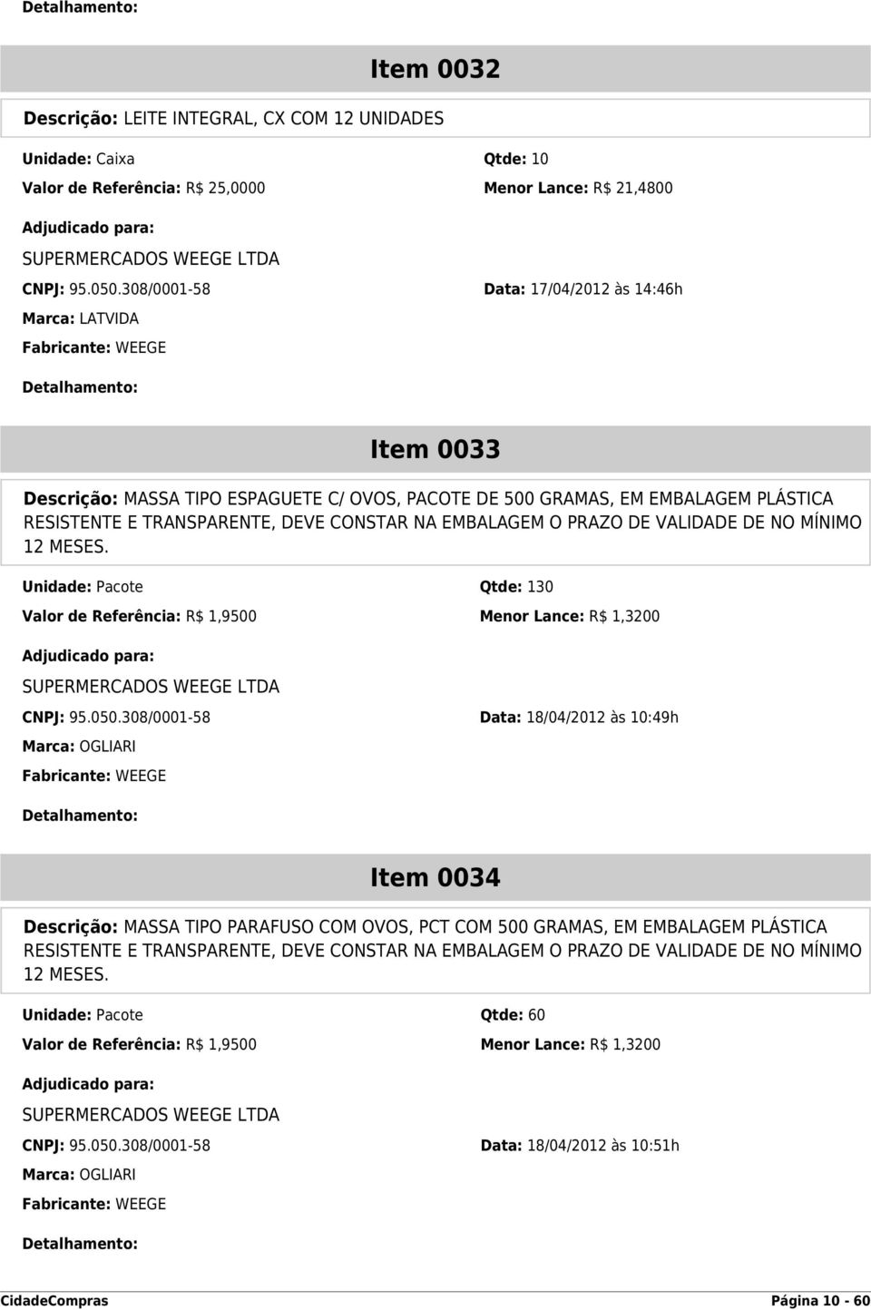 EMBALAGEM O PRAZO DE VALIDADE DE NO MÍNIMO 12 MESES. Unidade: Pacote Qtde: 130 Valor de Referência: R$ 1,9500 Menor Lance: R$ 1,3200 CNPJ: 95.050.