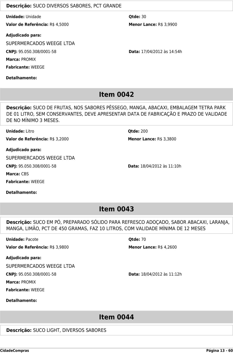 DE FABRICAÇÃO E PRAZO DE VALIDADE DE NO MÍNIMO 3 MESES. Unidade: Litro Qtde: 200 Valor de Referência: R$ 3,2000 Menor Lance: R$ 3,3800 CNPJ: 95.050.