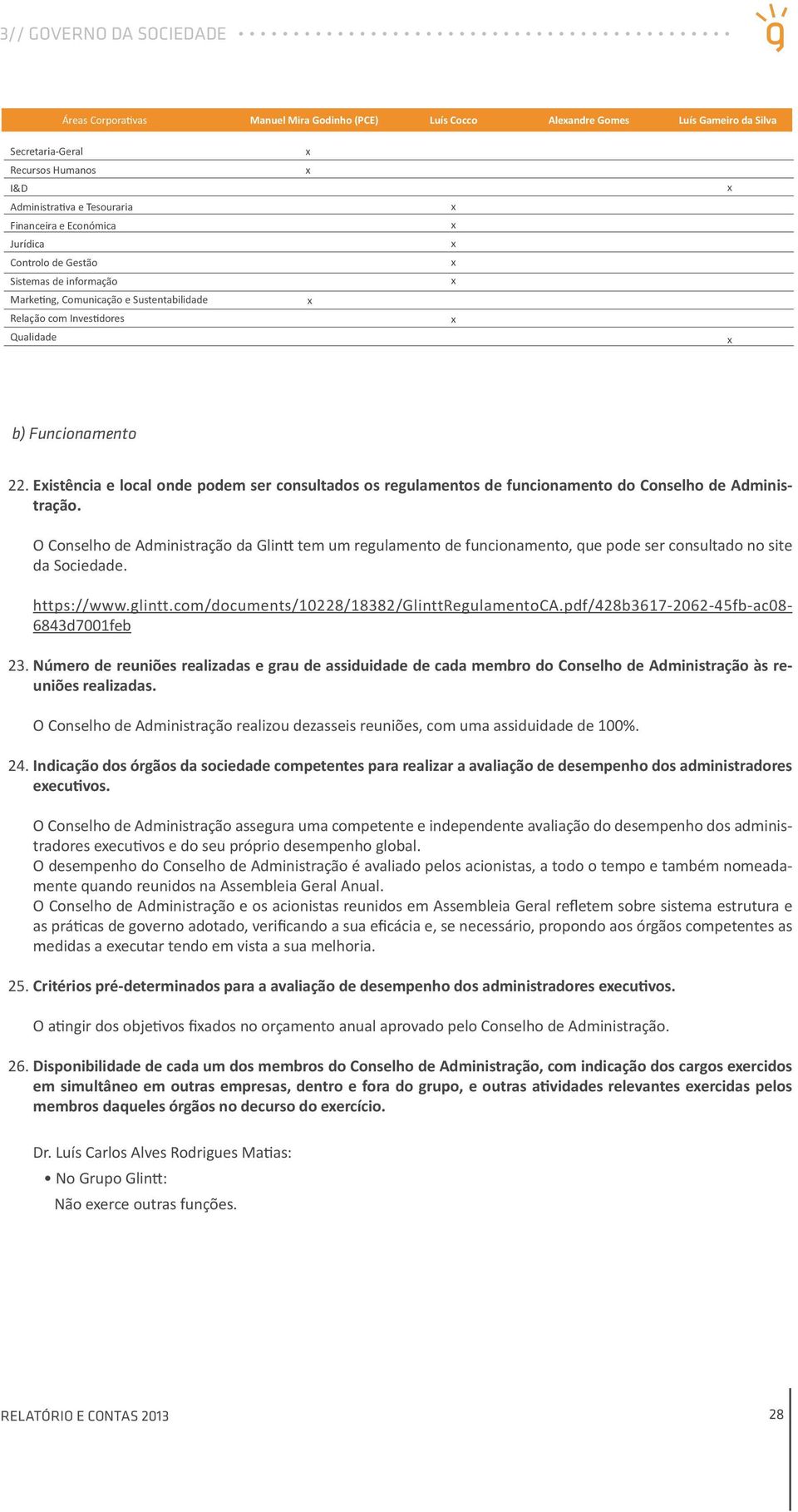 funcionamento, que pode ser consultado no site da Sociedade. 22. Eistência e local onde podem ser consultados os regulamentos de funcionamento do Conselho de Administração. https://www.glintt.