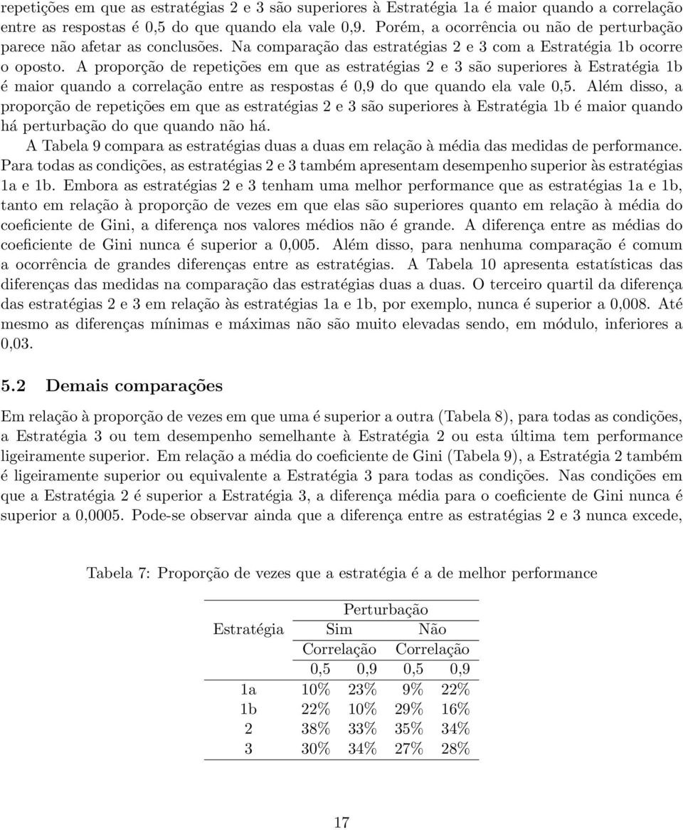 A proporção de repetições em que as estratégias 2 e 3 são superiores à Estratégia 1b é maior quando a correlação entre as respostas é 0,9 do que quando ela vale 0,5.