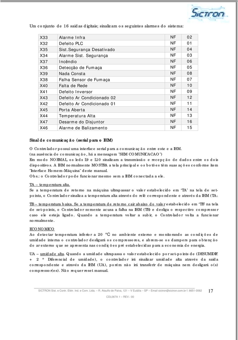 02 NF 12 X42 Defeito Ar Condicionado 01 NF 11 X45 Porta Aberta NF 14 X44 Temperatura Alta NF 13 X47 Desarme do Disjuntor NF 16 X46 Alarme de Balizamento NF 15 Sinal de comunicaçã o (serial para o