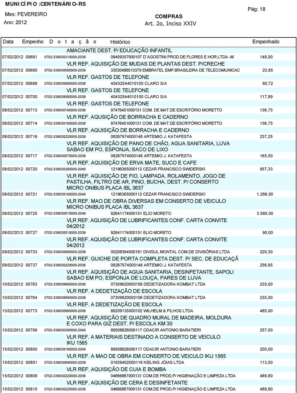 BRASILEIRA DE TELECOMUNICAC 23,85 07/02/201200698 0702-339039580000-2038 40432544010100 CLARO S/A 60,72 07/02/201200700 0702-339039580000-2039 40432544010100 CLARO S/A 117,89 08/02/201200713