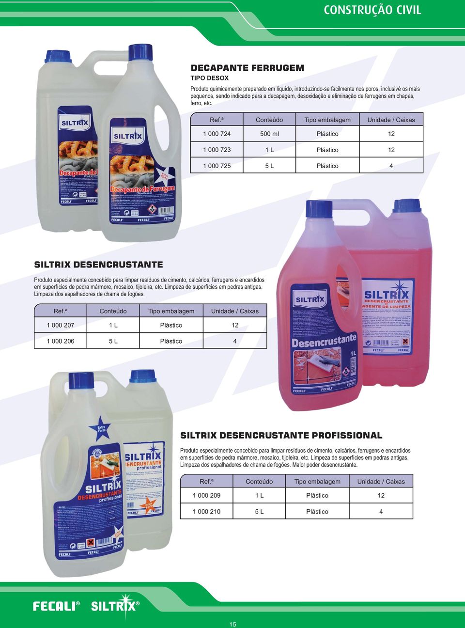 000 72 500 ml 000 723 L 000 725 SILTRIX DESENCRUSTANTE Produto especialmente concebido para limpar resíduos de cimento, calcários, ferrugens e encardidos em superfícies de pedra mármore, mosaico,