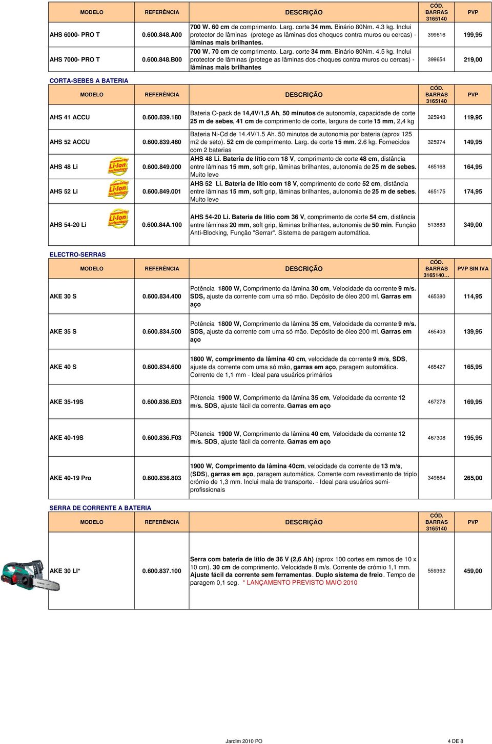 Inclui protector de lâminas (protege as lâminas dos choques contra muros ou cercas) - 399616 199,95 399654 219,00 CORTA-SEBES A BATERIA AHS 41 ACCU 0.600.839.180 AHS 52 ACCU 0.600.839.480 AHS 48 Li 0.