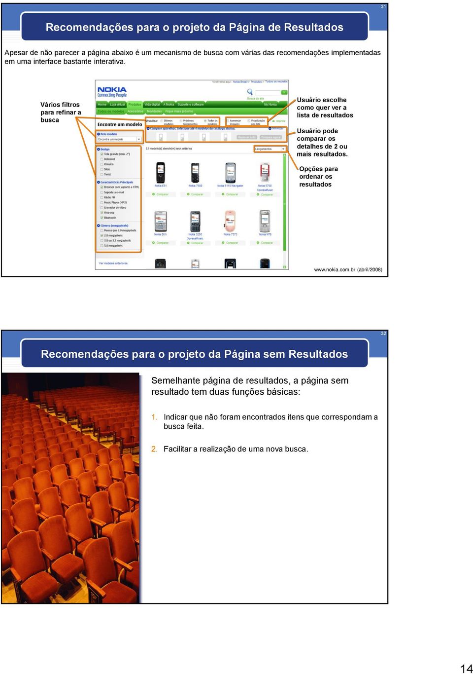 Vários filtros para refinar a busca Usuário escolhe como quer ver a lista de resultados Usuário pode comparar os detalhes de 2 ou mais resultados.