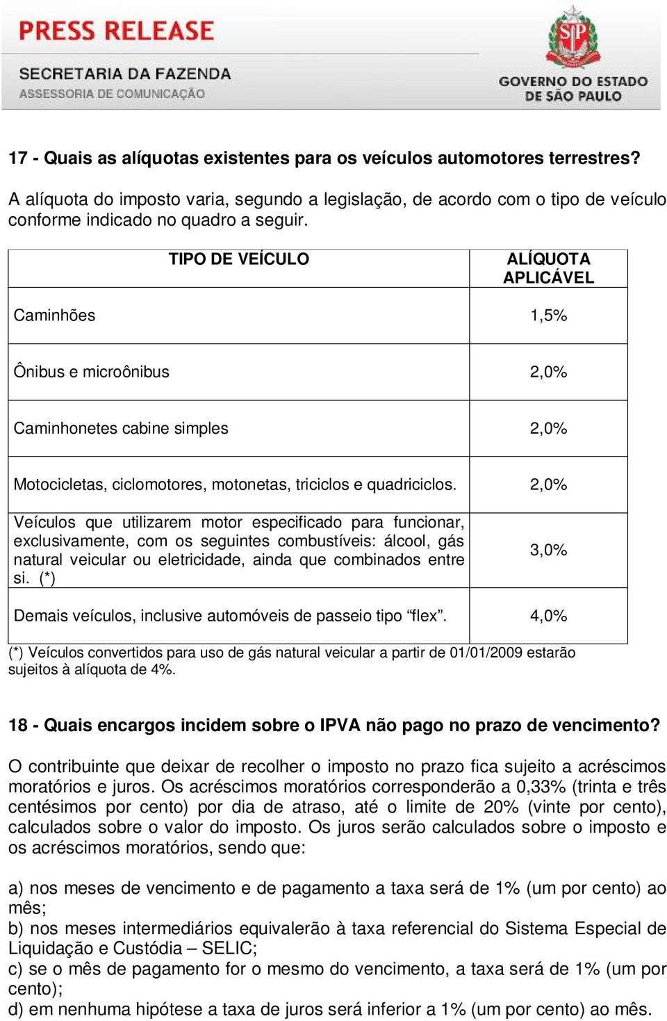 2,0% Veículos que utilizarem motor especificado para funcionar, exclusivamente, com os seguintes combustíveis: álcool, gás natural veicular ou eletricidade, ainda que combinados entre si.