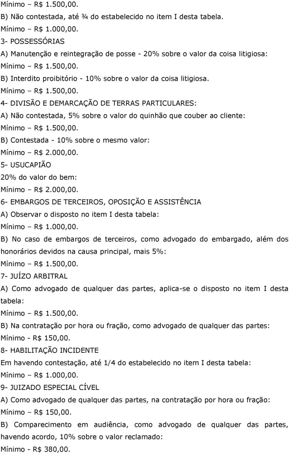 4- DIVISÃO E DEMARCAÇÃO DE TERRAS PARTICULARES: A) Não contestada, 5% sobre o valor do quinhão que couber ao cliente: B) Contestada - 10% sobre o mesmo valor: 5- USUCAPIÃO 20% do valor do bem: 6-