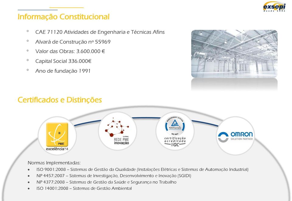 000 Ano de fundação 1991 Certificados e Distinções Normas Implementadas: ISO 9001:2008 Sistemas de Gestão da Qualidade