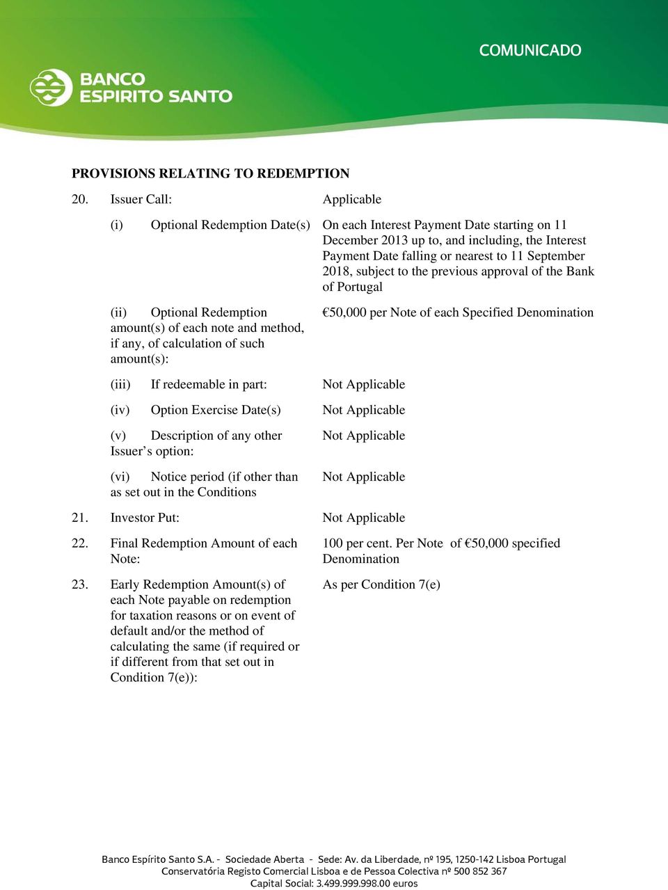 2018, subject to the previous approval of the Bank of Portugal (ii) Optional Redemption amount(s) of each note and method, if any, of calculation of such amount(s): 50,000 per Note of each Specified