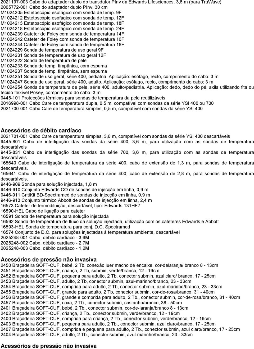 24F M1024239 Cateter de Foley com sonda de temperatura 14F M1024242 Cateter de Foley com sonda de temperatura 16F M1024244 Cateter de Foley com sonda de temperatura 18F M1024229 Sonda de temperatura