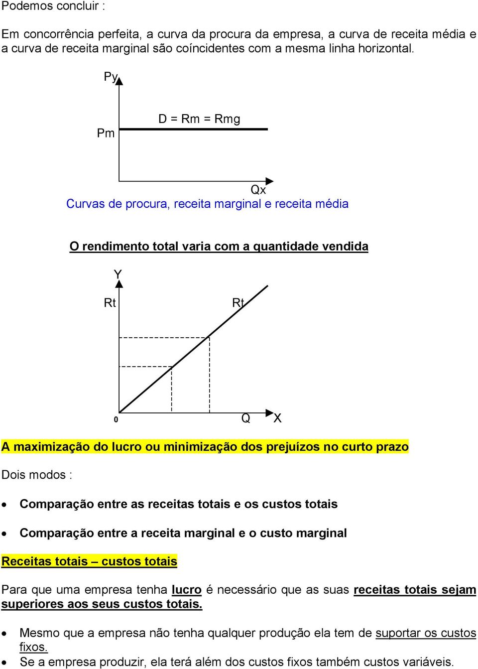 prazo Dois modos : Comparação entre as receitas totais e os custos totais Comparação entre a receita marginal e o custo marginal Receitas totais custos totais Para que uma empresa tenha lucro é