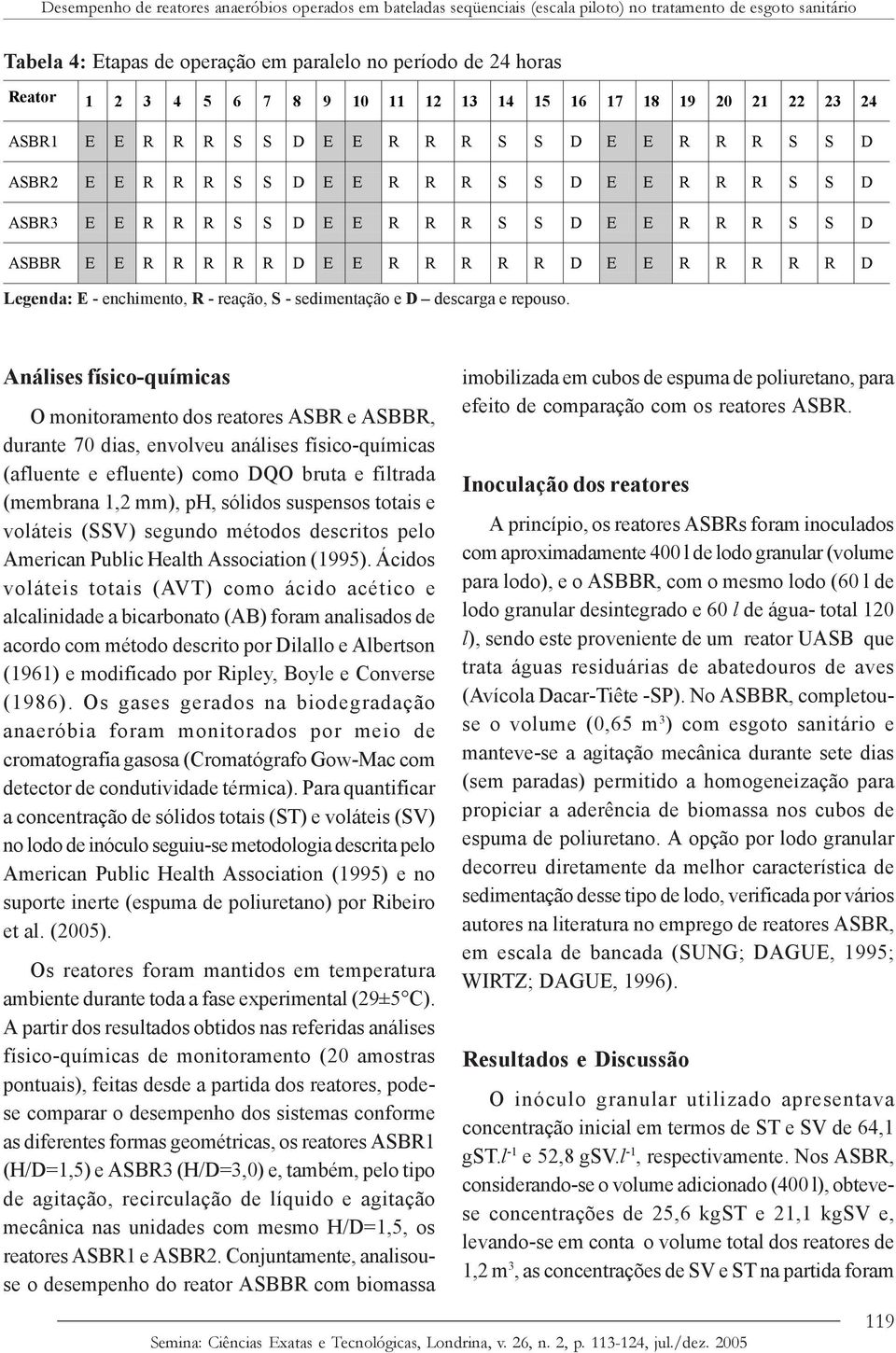 E E R R R S S D ASBBR E E R R R R R D E E R R R R R D E E R R R R R D Legenda: E - enchimento, R - reação, S - sedimentação e D descarga e repouso.