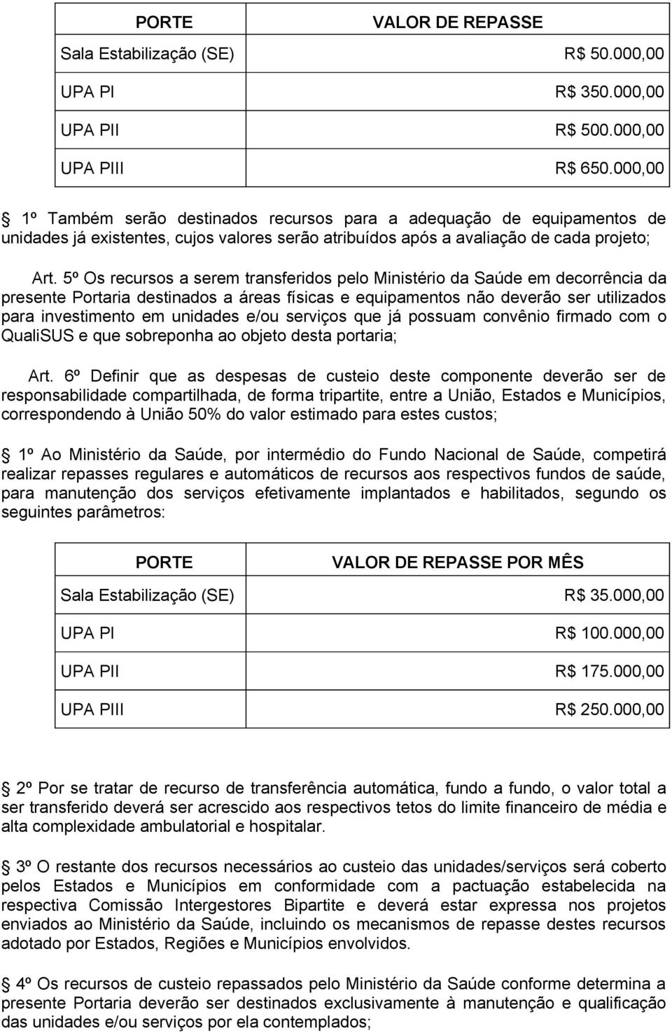 5º Os recursos a serem transferidos pelo Ministério da Saúde em decorrência da presente Portaria destinados a áreas físicas e equipamentos não deverão ser utilizados para investimento em unidades