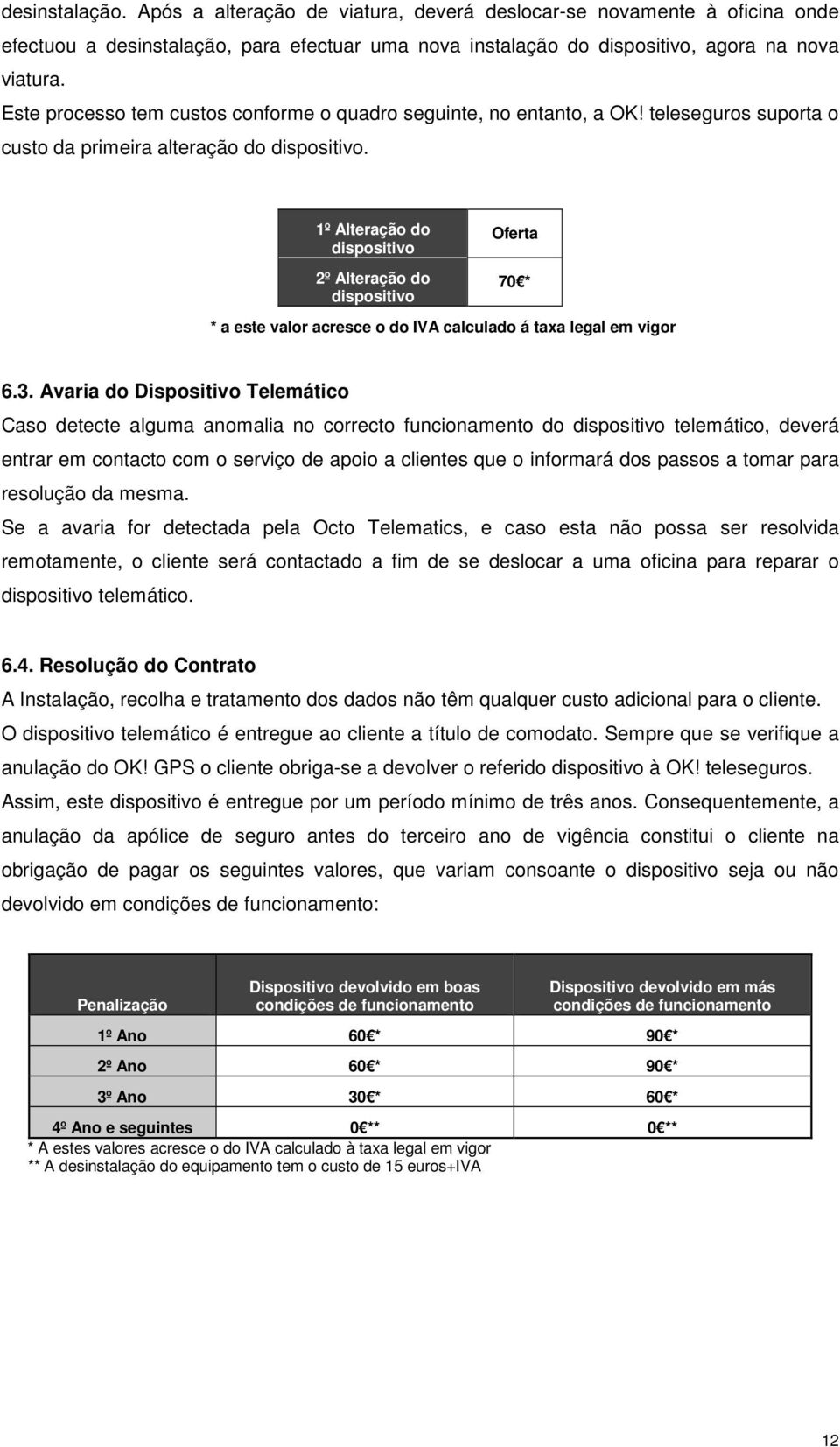 1º Alteração do dispositivo 2º Alteração do dispositivo Oferta 70 * * a este valor acresce o do IVA calculado á taxa legal em vigor 6.3.