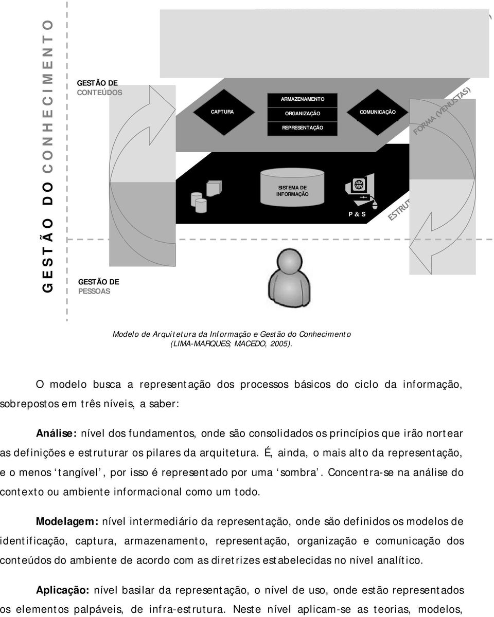 O modelo busca a representação dos processos básicos do ciclo da informação, sobrepostos em três níveis, a saber: Análise: nível dos fundamentos, onde são consolidados os princípios que irão nortear