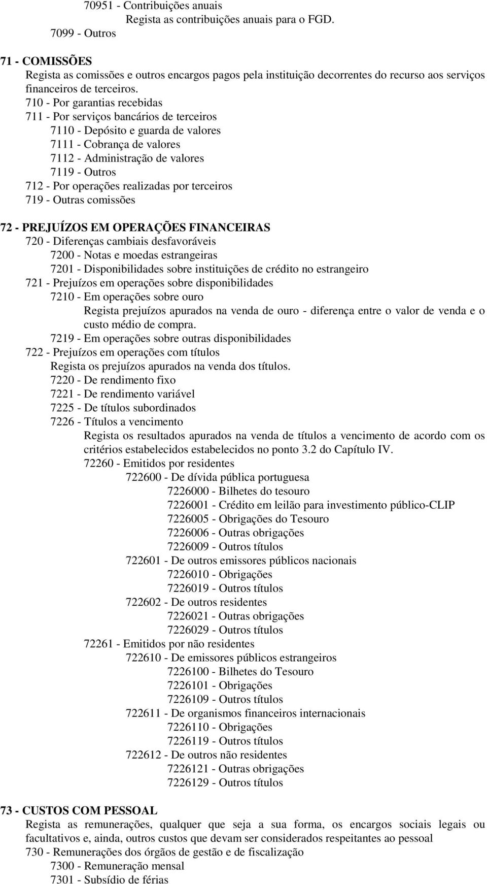 710 - Por garantias recebidas 711 - Por serviços bancários de terceiros 7110 - Depósito e guarda de valores 7111 - Cobrança de valores 7112 - Administração de valores 7119 - Outros 712 - Por