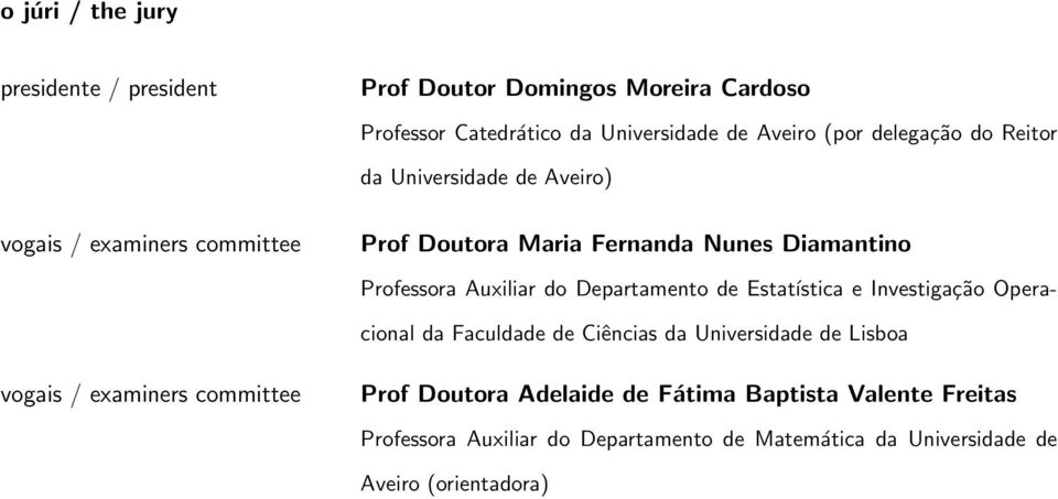 Auxiliar do Departamento de Estatística e Investigação Operacional da Faculdade de Ciências da Universidade de Lisboa vogais / examiners