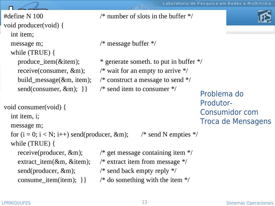 consumer(void) { int item, i; message m; for (i = 0; i < N; i++) send(producer, &m); /* send N empties */ while (TRUE) { receive(producer, &m); /* get message containing item */ extract_item(&m,