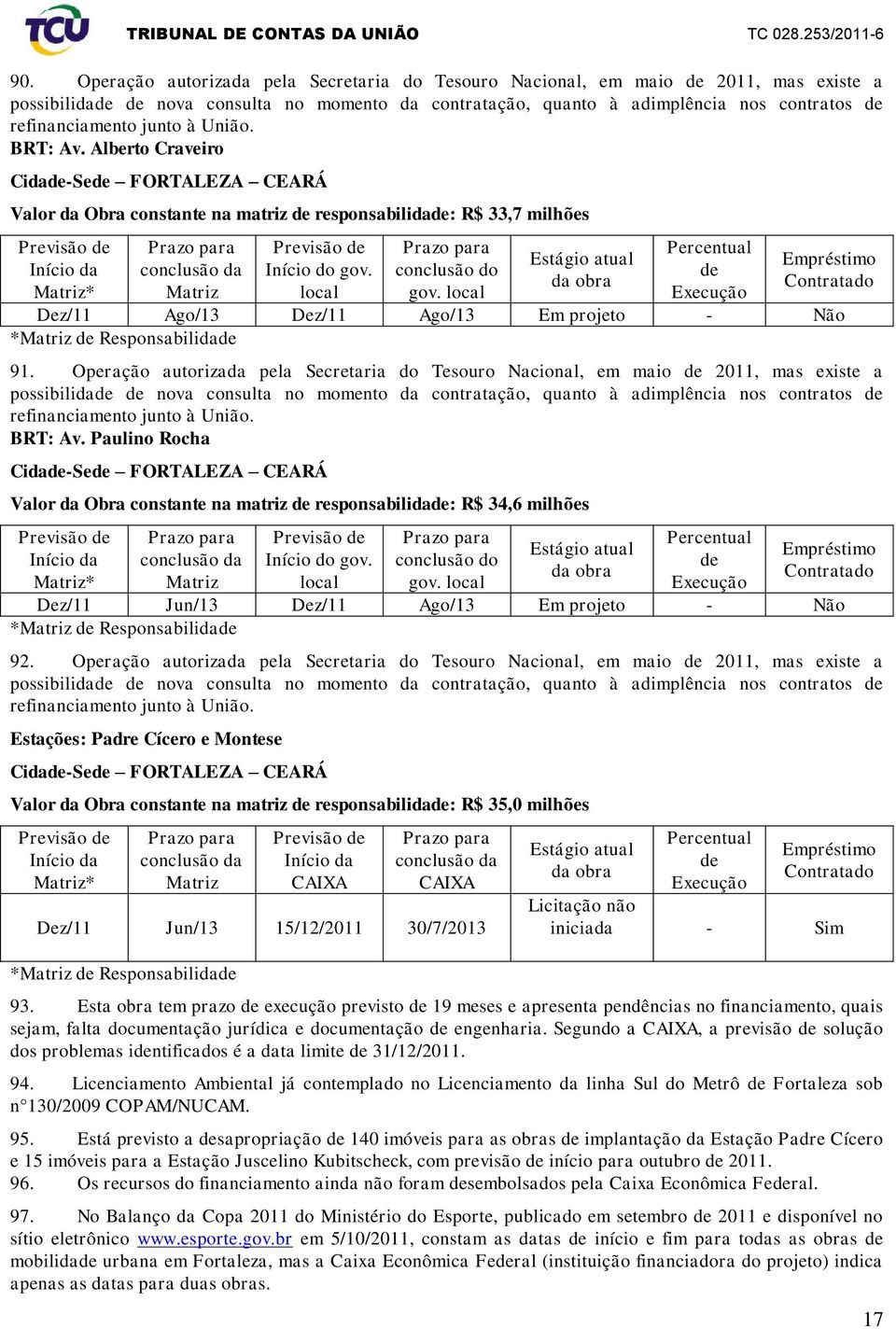 local Dez/11 Ago/13 Dez/11 Ago/13 Em projeto - Não * Responsabilida 91.