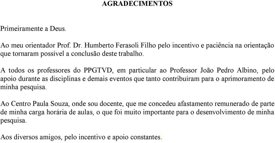 A todos os professores do PPGTVD, em particular ao Professor João Pedro Albino, pelo apoio durante as disciplinas e demais eventos que tanto contribuíram