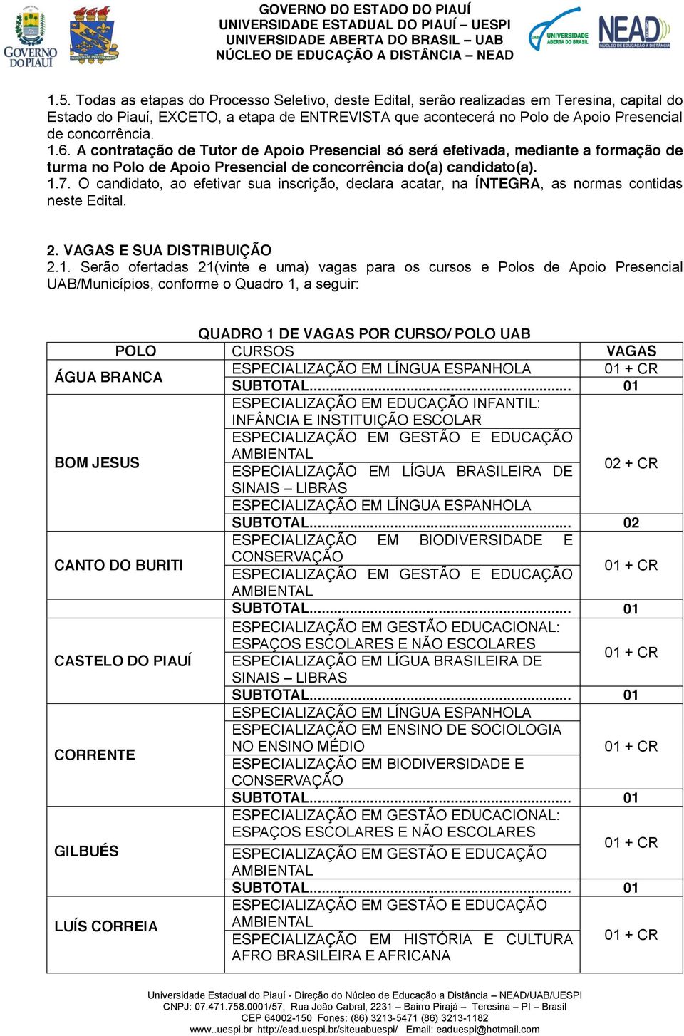 O candidato, ao efetivar sua inscrição, declara acatar, na ÍNTEGRA, as normas contidas neste Edital. 2. VAGAS E SUA DISTRIBUIÇÃO 2.1.