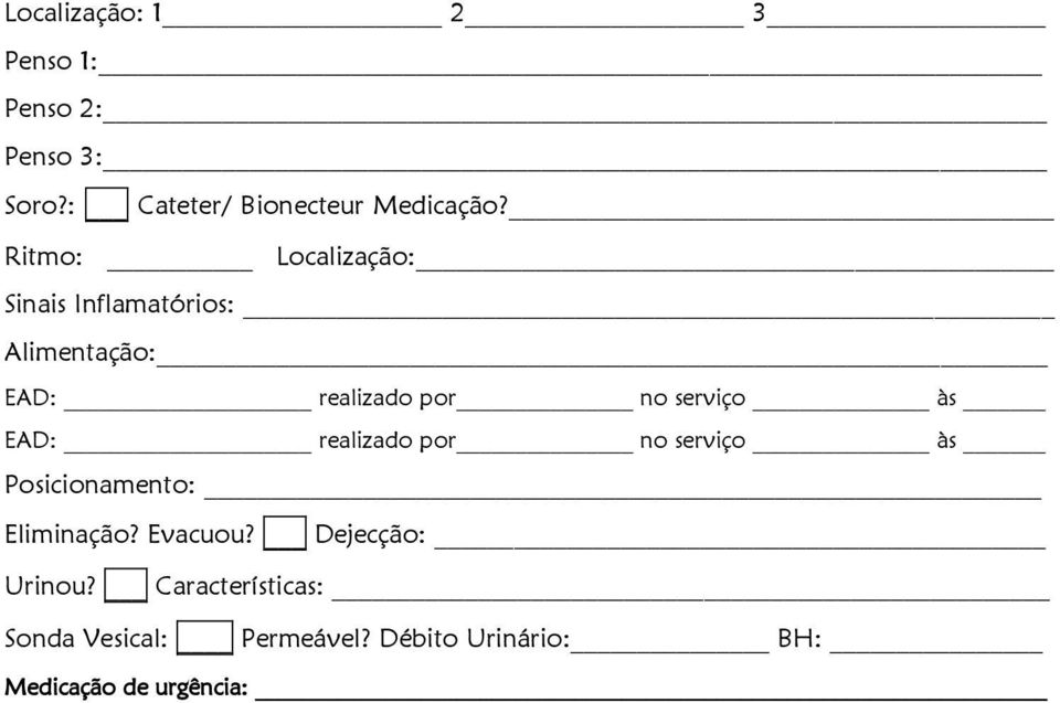 Ritmo: Localização: Sinais Inflamatórios: Alimentação: