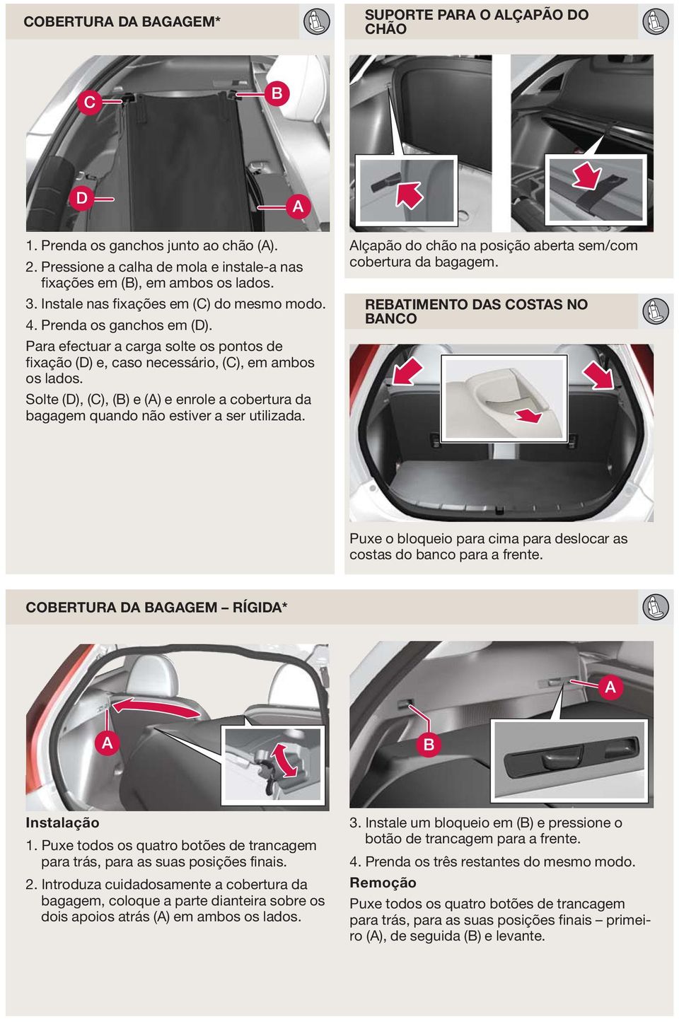 Solte (D), (C), (B) e (A) e enrole a cobertura da bagagem quando não estiver a ser utilizada. Alçapão do chão na posição aberta sem/com cobertura da bagagem.