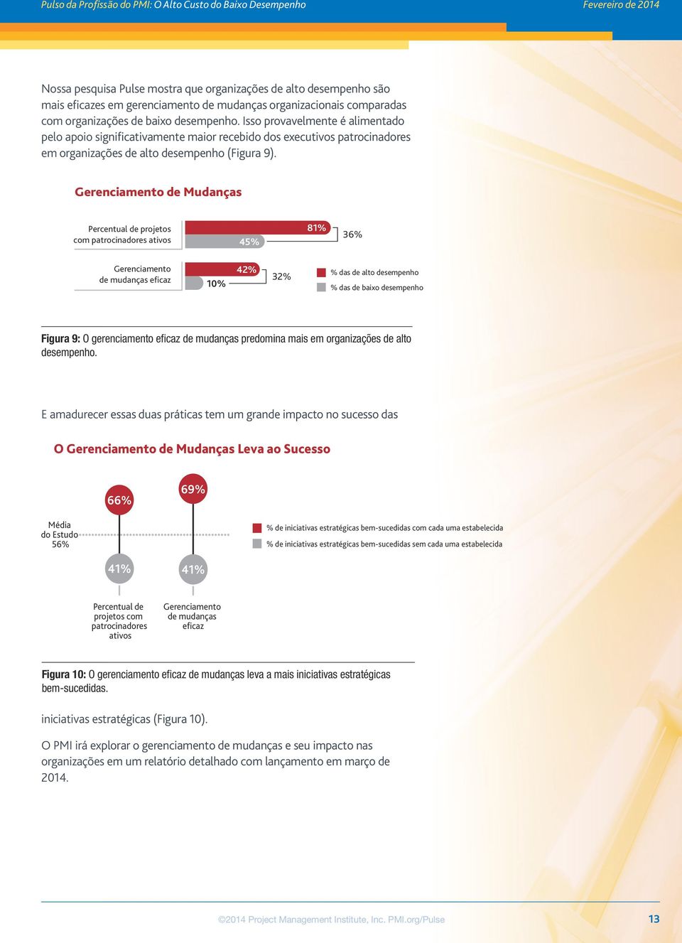 Gerenciamento de Mudanças Percentual de projetos com patrocinadores ativos 45% 81% 36% Gerenciamento de mudanças eficaz 10% 42% 32% % das de alto desempenho % das de baixo desempenho Figura 9: O