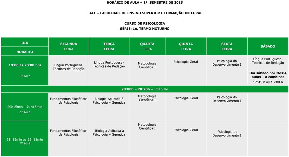 Psicologia do Desenvolvimento I Língua Portuguesa- Técnicas de Redação Um sábado por Mês:4 aulas a combinar 12:45 h às 16:00 h 20:00h 20:20h Intervalo