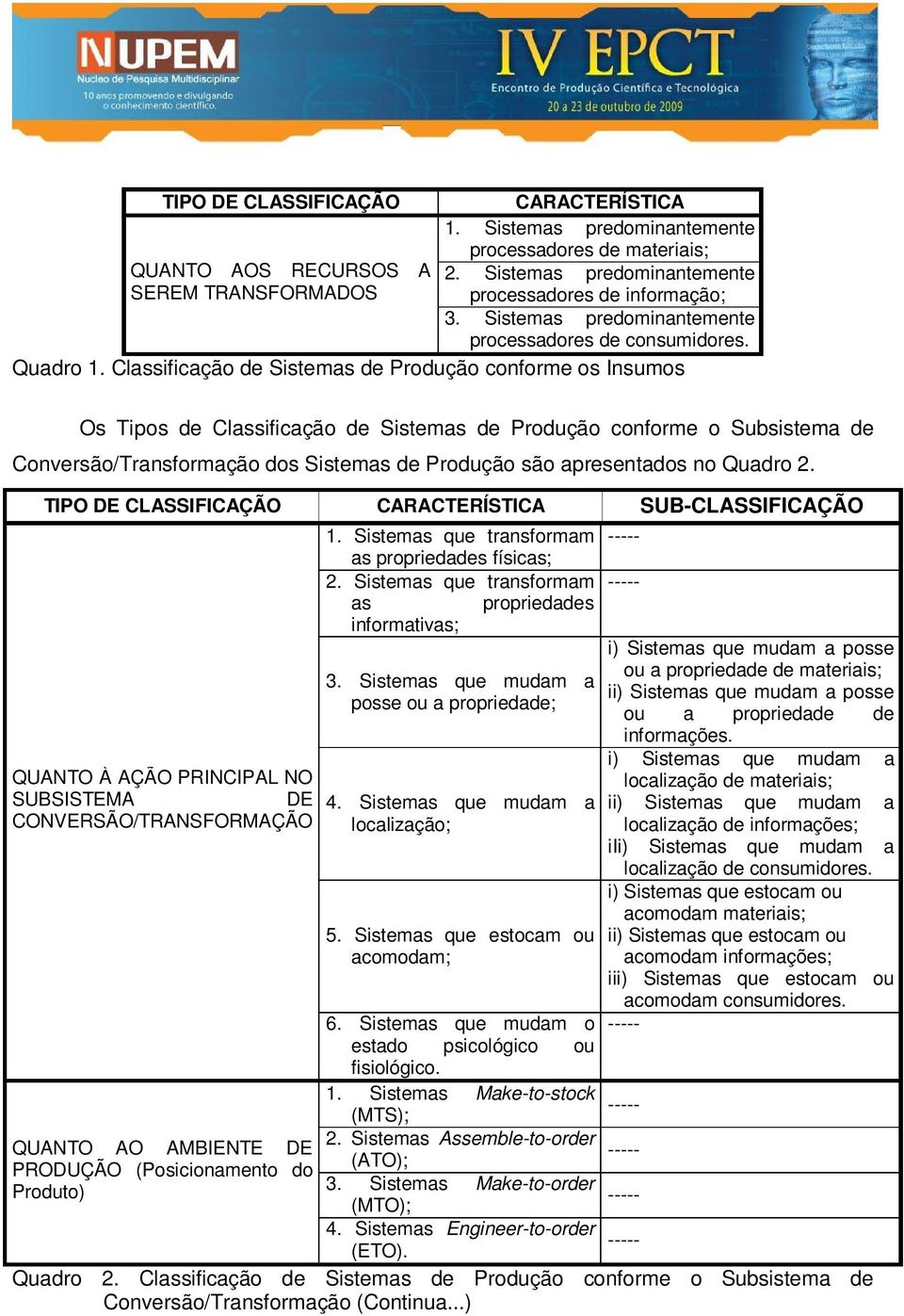 Classificação de Sistemas de Produção conforme os Insumos Os Tipos de Classificação de Sistemas de Produção conforme o Subsistema de Conversão/Transformação dos Sistemas de Produção são apresentados