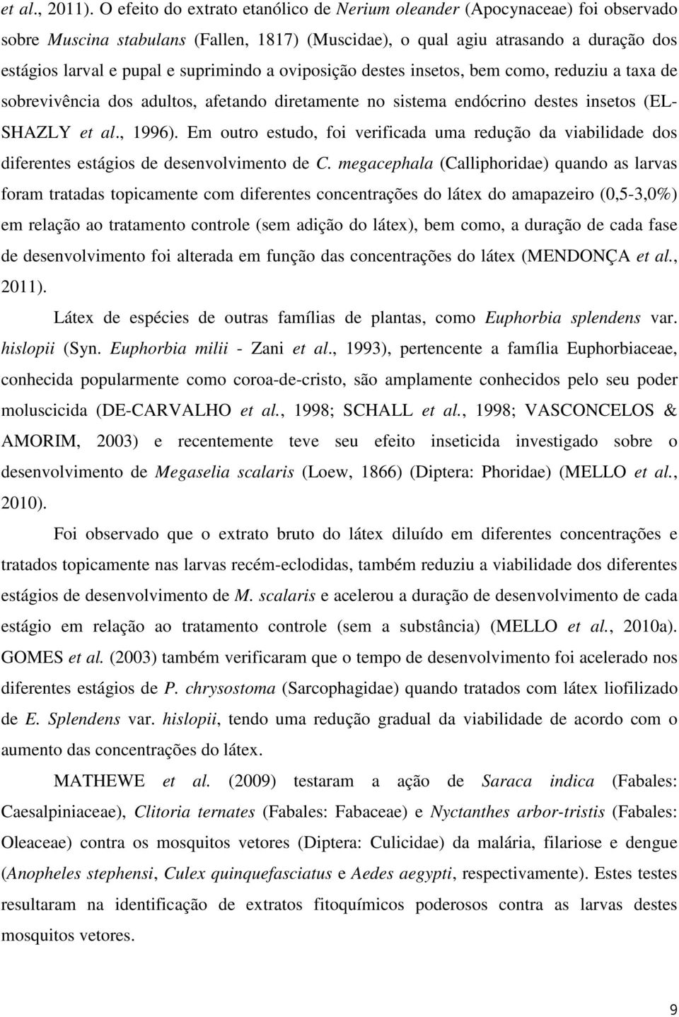 suprimindo a oviposição destes insetos, bem como, reduziu a taxa de sobrevivência dos adultos, afetando diretamente no sistema endócrino destes insetos (EL- SHAZLY et al., 1996).