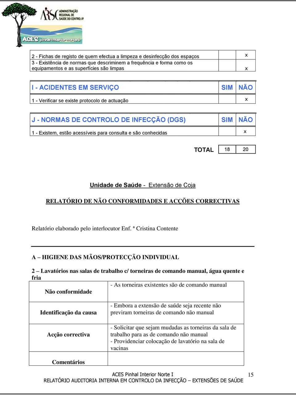 Saúde - Extensão de Coja RELATÓRIO DE NÃO CONFORMIDADES E ACÇÕES CORRECTIVAS Relatório elaborado pelo interlocutor Enf.