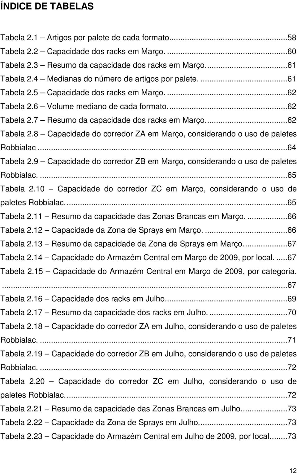 ..62 Tabela 2.8 Capacidade do corredor ZA em Março, considerando o uso de paletes Robbialac...64 Tabela 2.9 Capacidade do corredor ZB em Março, considerando o uso de paletes Robbialac....65 Tabela 2.