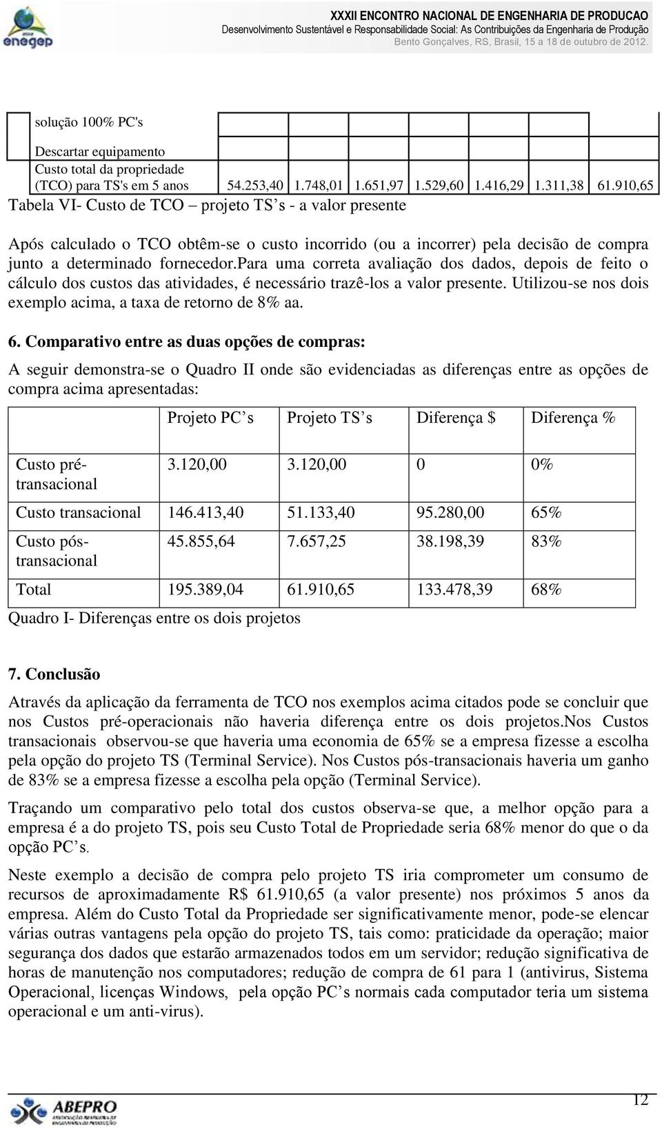 para uma correta avaliação dos dados, depois de feito o cálculo dos custos das atividades, é necessário trazê-los a valor presente. Utilizou-se nos dois exemplo acima, a taxa de retorno de 8% aa. 6.