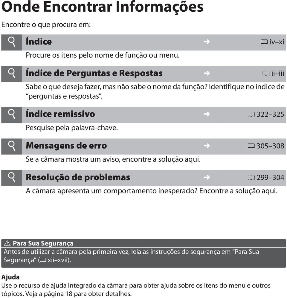 i Índice remissivo 0 322 325 Pesquise pela palavra-chave. i Mensagens de erro 0 305 308 Se a câmara mostra um aviso, encontre a solução aqui.