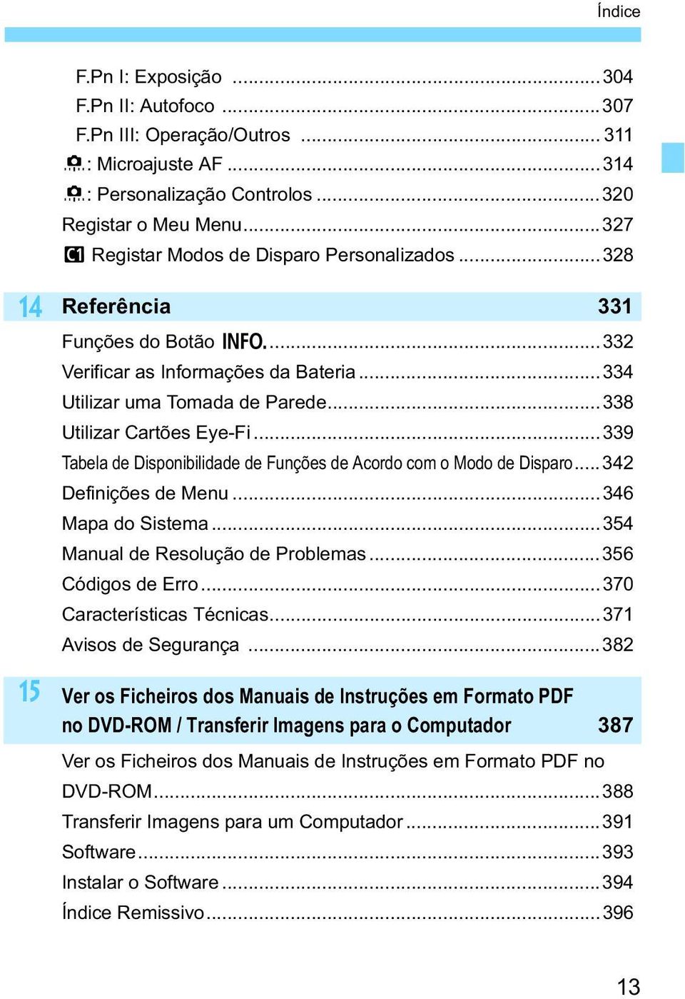 ..338 Utilizar Cartões Eye-Fi...339 Tabela de Disponibilidade de Funções de Acordo com o Modo de Disparo...342 Definições de Menu...346 Mapa do Sistema...354 Manual de Resolução de Problemas.