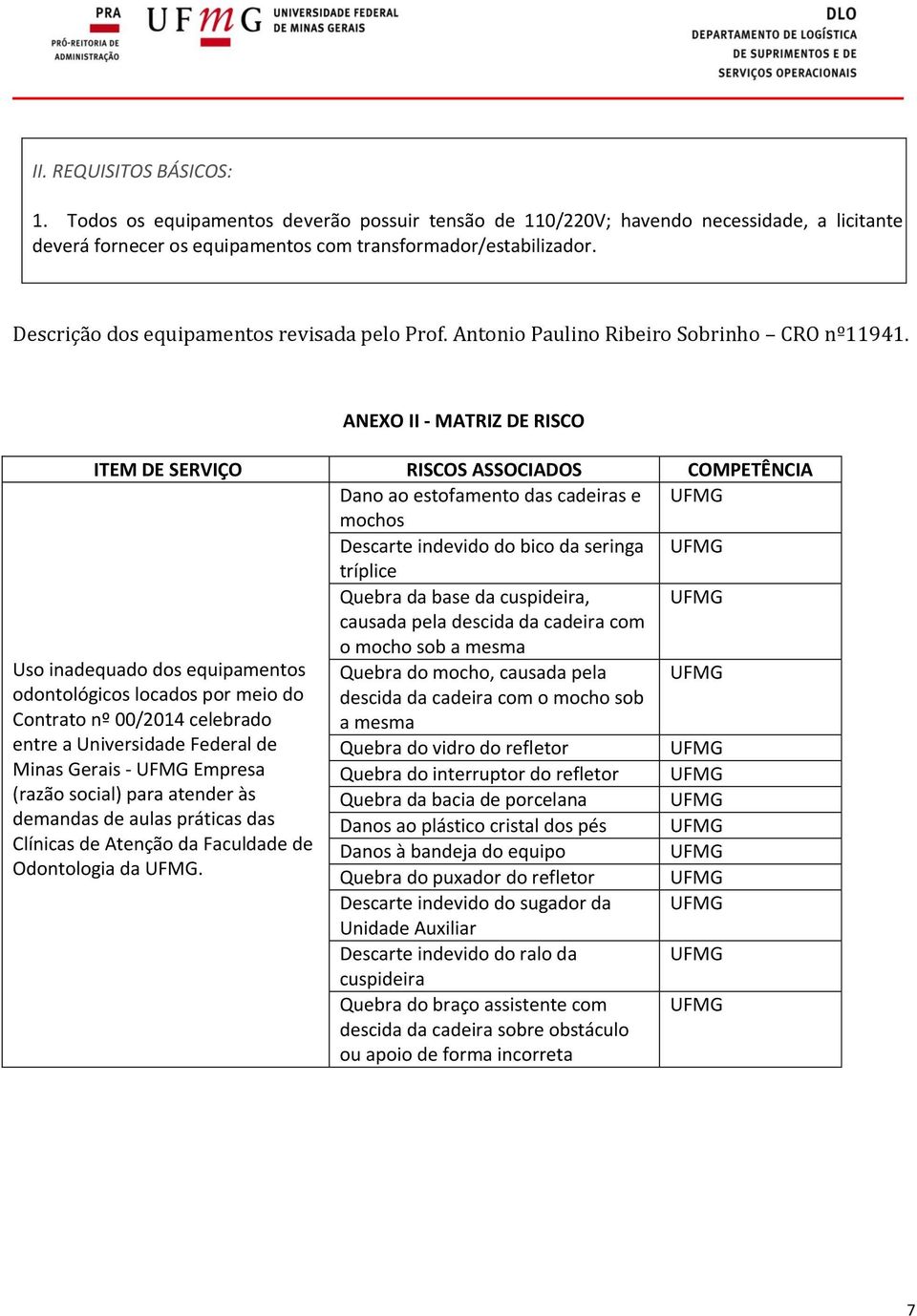 ANEXO II - MATRIZ DE RISCO ITEM DE SERVIÇO RISCOS ASSOCIADOS COMPETÊNCIA Dano ao estofamento das cadeiras e UFMG mochos Descarte indevido do bico da seringa UFMG tríplice Quebra da base da