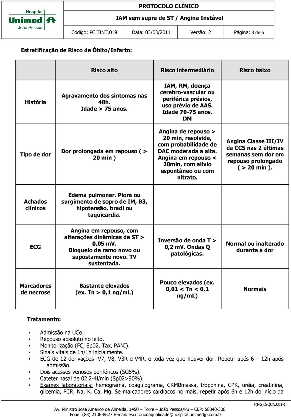 DM Tipo de dor Dor prolongada em repouso ( > 20 min ) Angina de repouso > 20 min, resolvida, com probabilidade de DAC moderada a alta. Angina em repouso < 20min, com alívio espontâneo ou com nitrato.