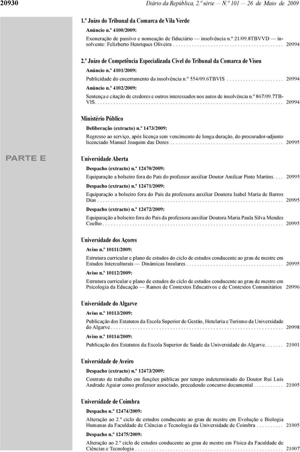 º 4101/2009: Publicidade do encerramento da insolvência n.º 554/09.6TBVIS..................... 20994 Anúncio n.