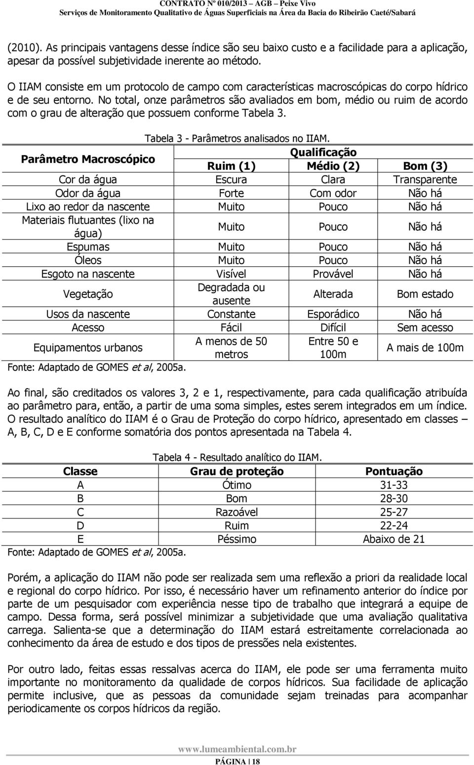 No total, onze parâmetros são avaliados em bom, médio ou ruim de acordo com o grau de alteração que possuem conforme Tabela 3. Tabela 3 - Parâmetros analisados no IIAM.