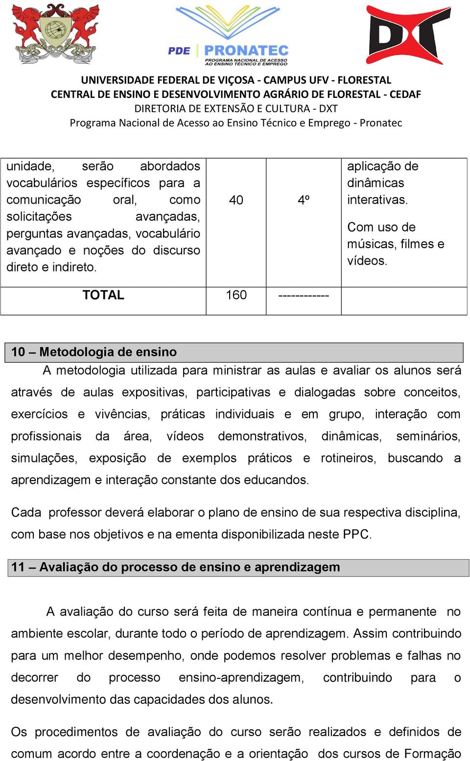 TOTAL 160 ------------ 10 Metodologia de ensino A metodologia utilizada para ministrar as aulas e avaliar os alunos será através de aulas expositivas, participativas e dialogadas sobre conceitos,