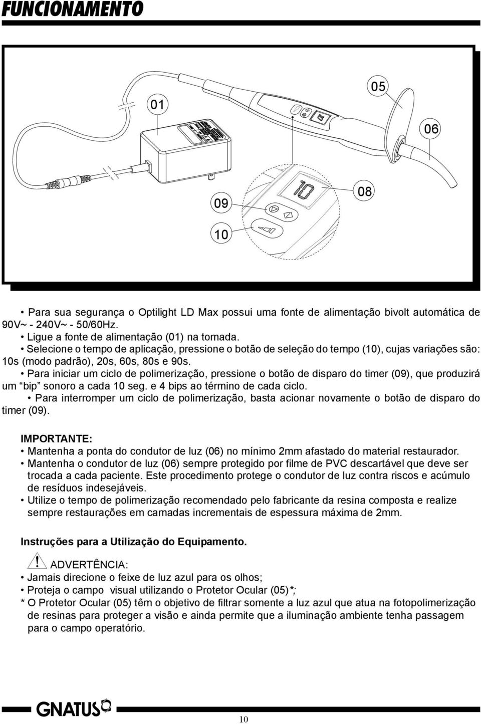 Para iniciar um ciclo de polimerização, pressione o botão de disparo do timer (09), que produzirá um bip sonoro a cada 10 seg. e 4 bips ao término de cada ciclo.