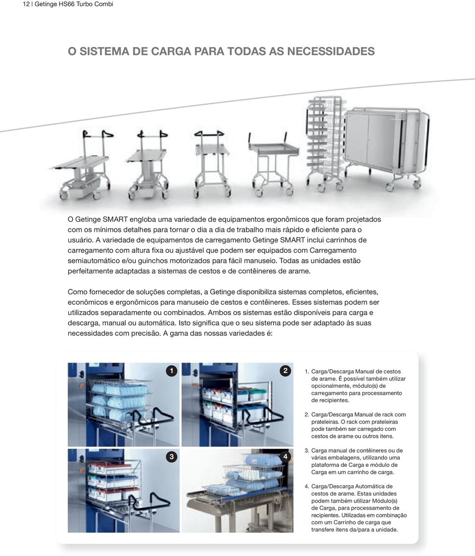 A variedade de equipamentos de carregamento Getinge SMART inclui carrinhos de carregamento com altura fixa ou ajustável que podem ser equipados com Carregamento semiautomático e/ou guinchos