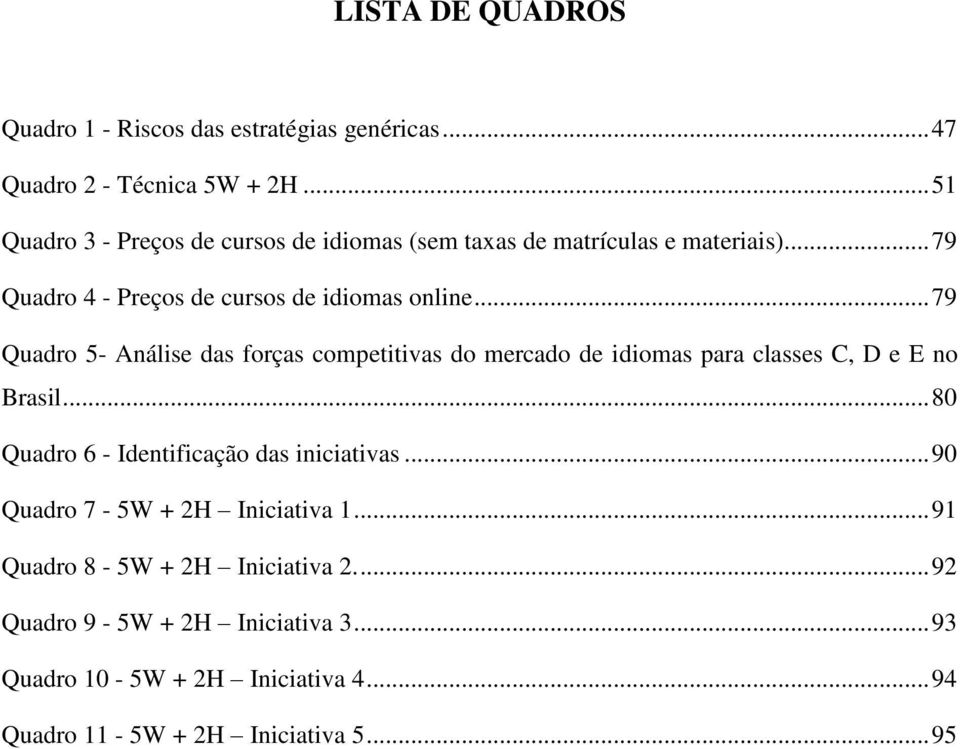 .. 79 Quadro 5- Análise das forças competitivas do mercado de idiomas para classes C, D e E no Brasil.