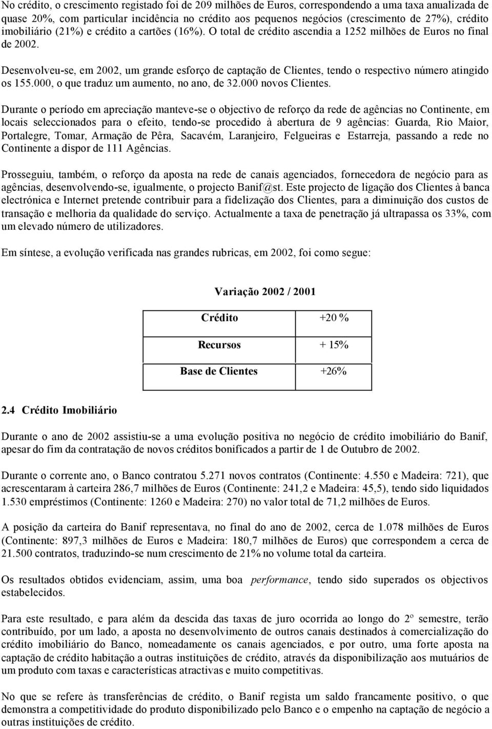 Desenvolveu-se, em 2002, um grande esforço de captação de Clientes, tendo o respectivo número atingido os 155.000, o que traduz um aumento, no ano, de 32.000 novos Clientes.