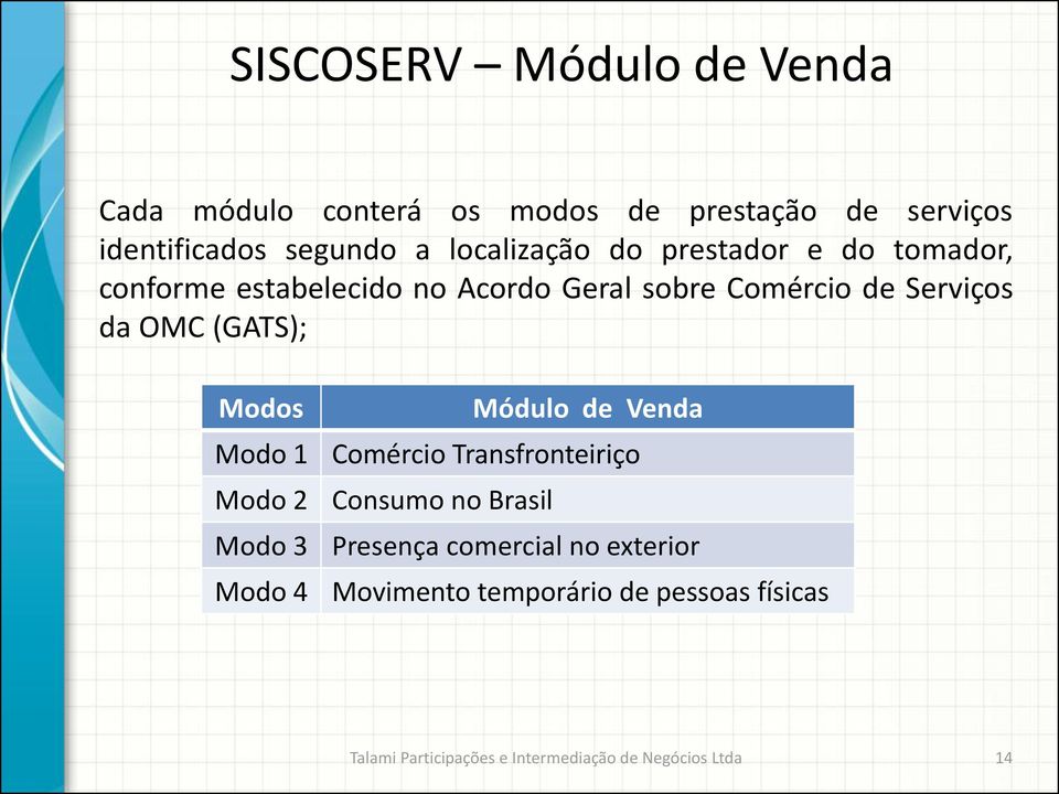 (GATS); Modos Módulo de Venda Modo 1 Comércio Transfronteiriço Modo 2 Consumo no Brasil Modo 3 Presença